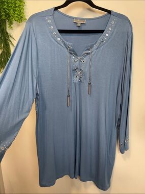 JM Collection Sky Blue Lace-Up Long Sleeve Top with silver Detail